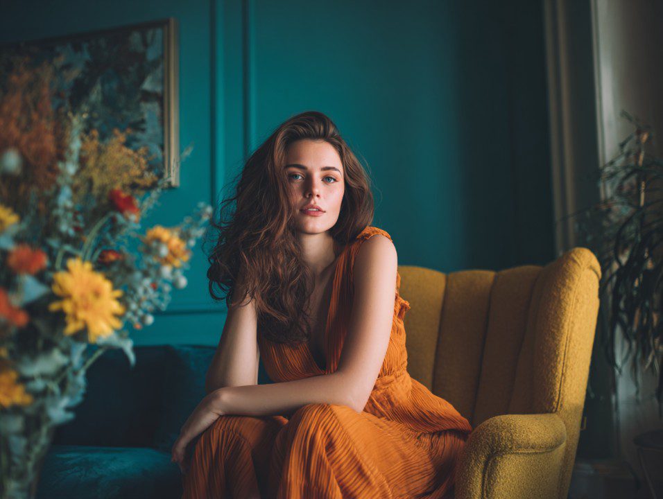 Portrait of a woman in an orange dress sitting in a mustard-yellow armchair in a teal-colored stylish living room with flowers in the foreground.