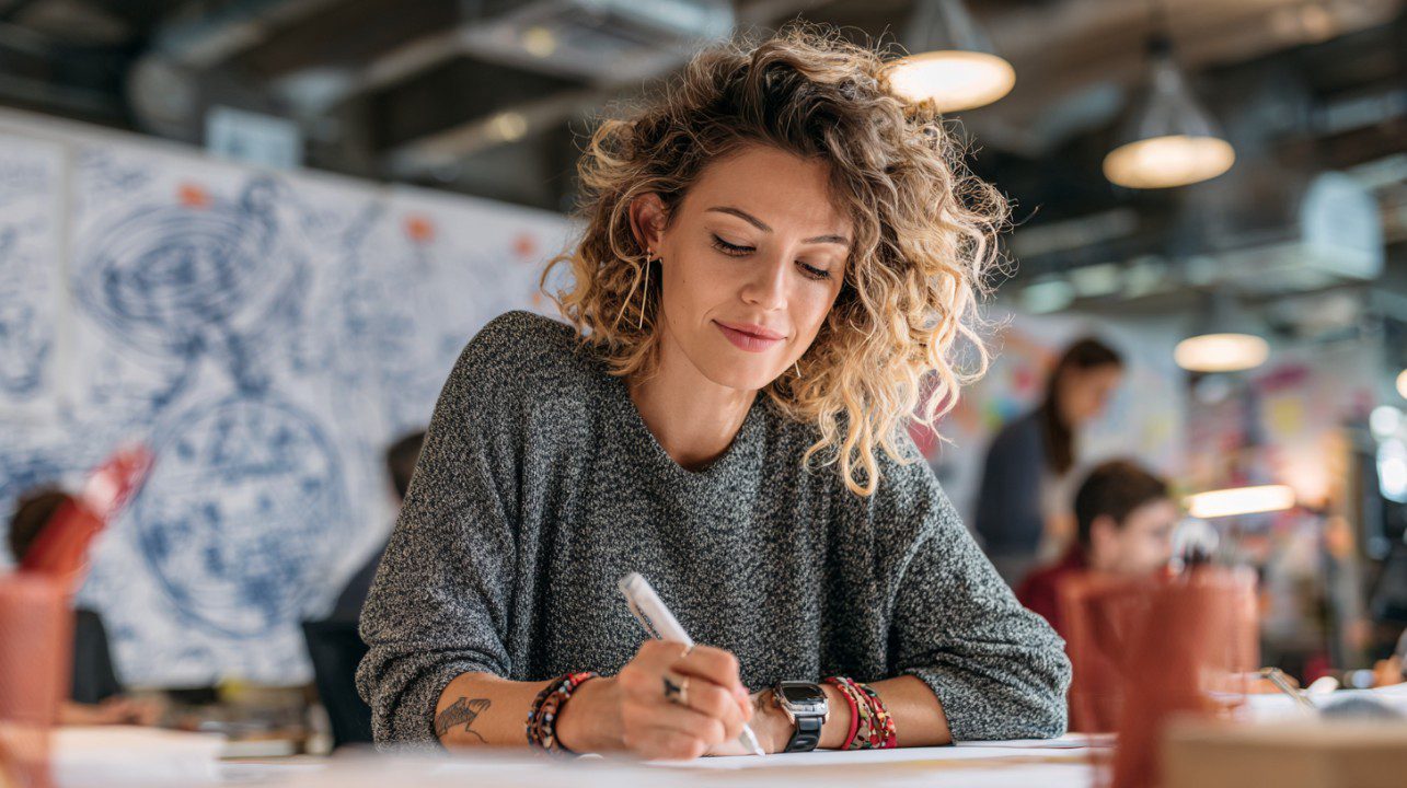 Woman sketching a business plan at a desk in a creative, modern office environment.