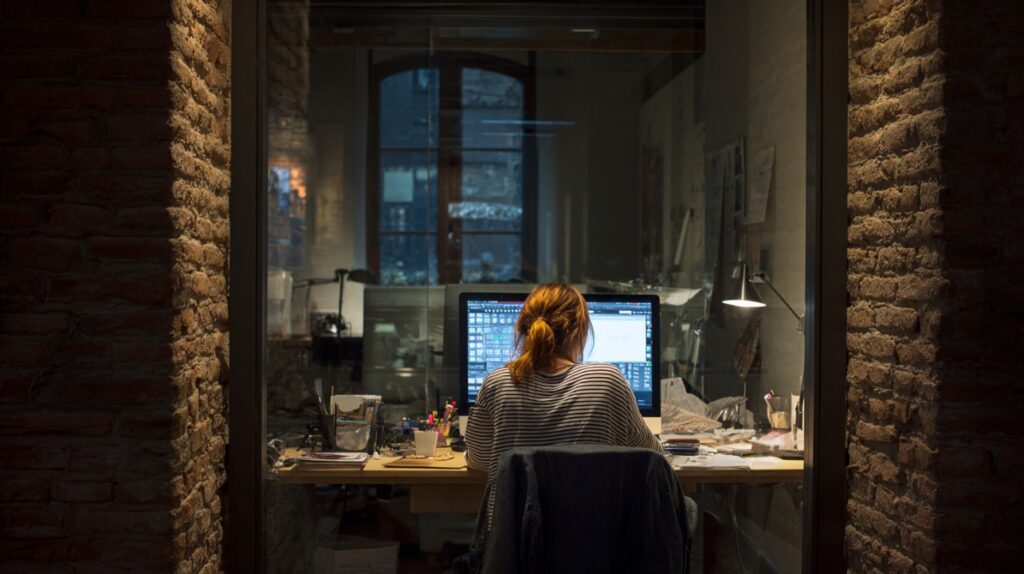 Woman working late at her desk in a small brick-walled office in Barcelona, lit by a desk lamp.