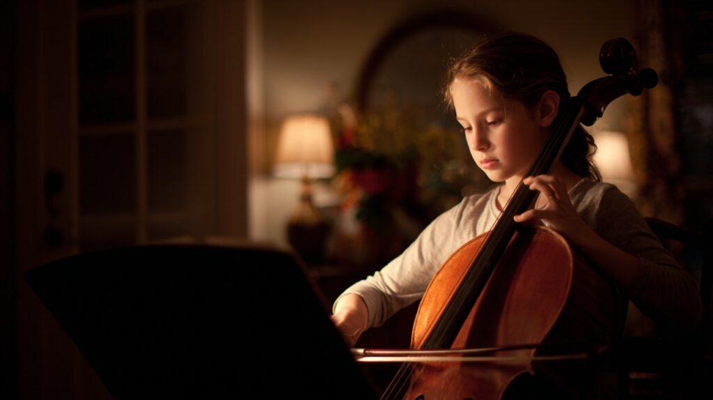 Young girl plays the cello while reading sheet music in a warmly lit room.