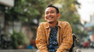 Smiling young man with cerebral palsy wearing a yellow floral shirt, sitting outdoors in the city.