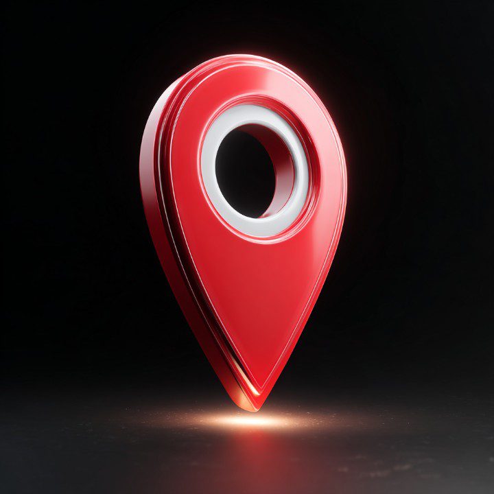 Photorealistic 3D render of a red location pin icon on a dark background, symbolizing GPS, maps, and digital navigation.