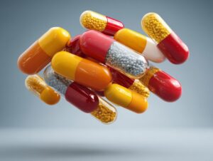 3D-rendered colorful pharmaceutical capsules floating in the air on a gradient background, used in medical or science contexts.