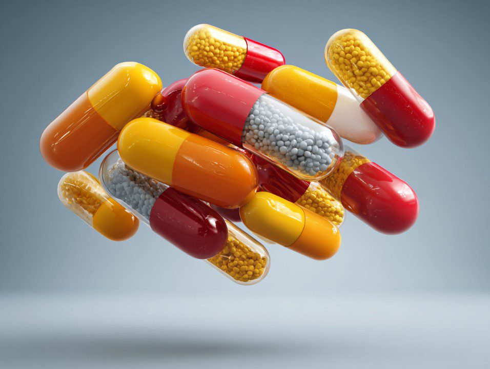 3D-rendered colorful pharmaceutical capsules floating in the air on a gradient background, used in medical or science contexts.