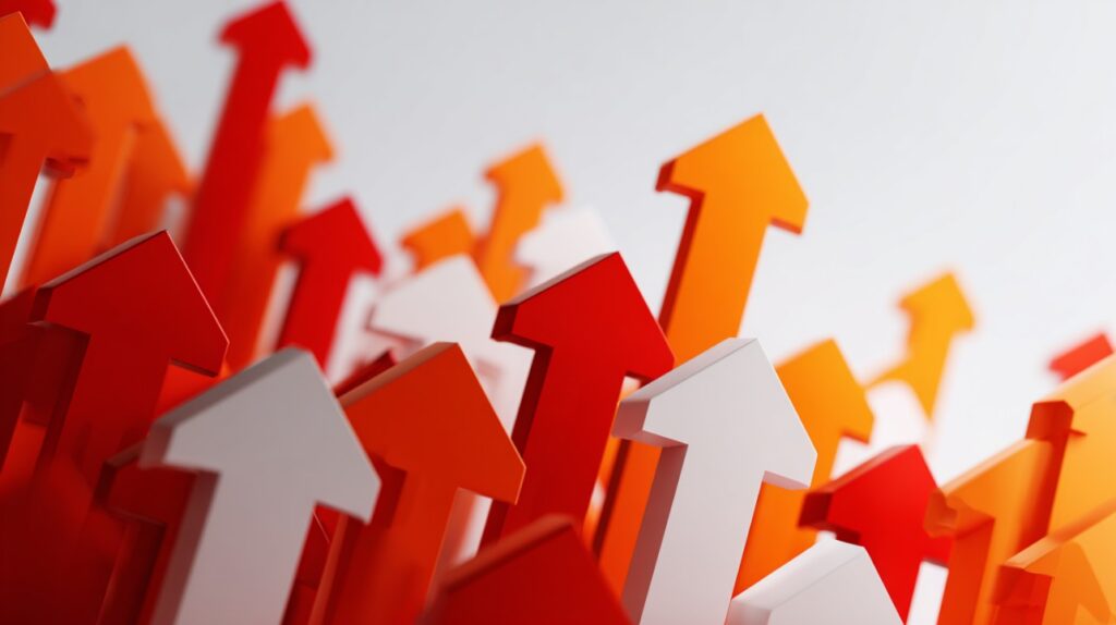 3D-rendered arrows in red, orange, and white pointing upward, symbolizing business growth, performance, or upward trends.