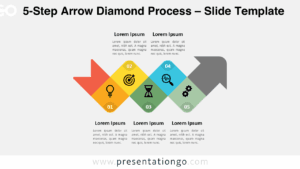 Free 5-Step Arrow Diamond Process PowerPoint template features five curved diamond shapes on a light background, each with icons and numbers in a zigzag layout, ideal for Google Slides to present process or timeline stages.
