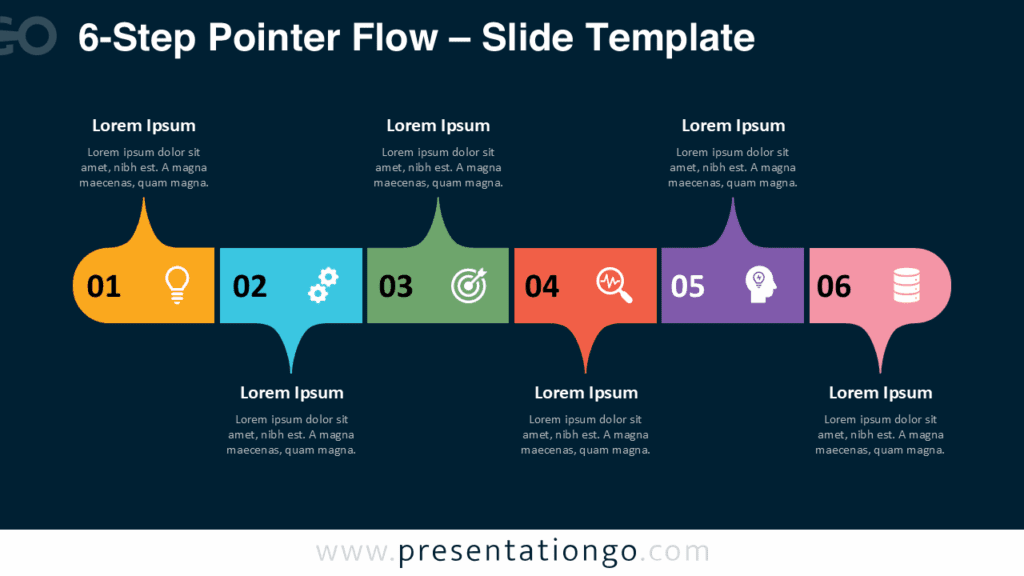 6-Step Pointer Flow – Dark Background for PowerPoint & Google Slides Free 6-Step Pointer Flow PowerPoint template for Google Slides featuring a dark background with six colorful pointer blocks aligned horizontally.