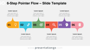 Free 6-Step Pointer Flow PowerPoint template for Google Slides displaying a light background layout with six sequential pointer blocks and icons.