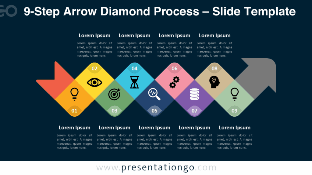 9-Step Arrow Diamond Process – Dark Background for PowerPoint & Google Slides Free 9-Step Arrow Diamond Process PowerPoint template displays five alternating colored diamond shapes with white icons on a dark background, ideal for Google Slides to show connected steps or process progression.