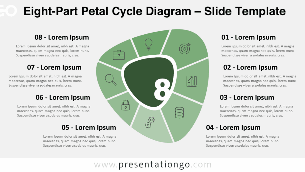Free Eight-Part Petal Cycle Diagram PowerPoint template and Google Slides presentation diagram showing Eight petals in a circular cycle on light background.