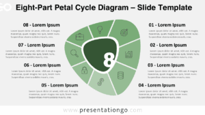 Free Eight-Part Petal Cycle Diagram PowerPoint template and Google Slides presentation diagram showing Eight petals in a circular cycle on light background.