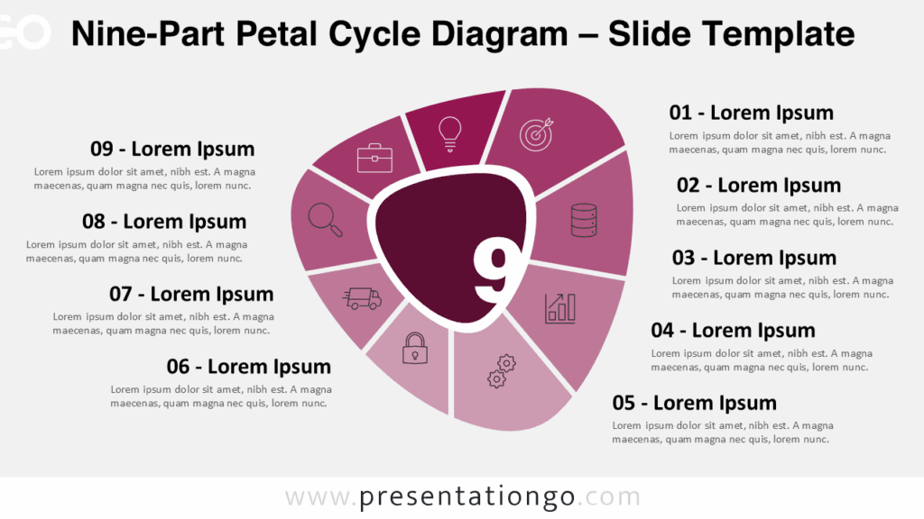 Free Nine-Part Petal Cycle Diagram PowerPoint template and Google Slides presentation diagram showing Nine petals in a circular cycle on light background.