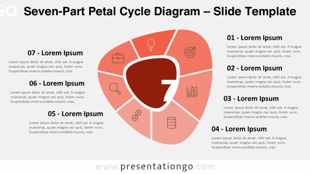 Free Seven-Part Petal Cycle Diagram PowerPoint template and Google Slides presentation diagram showing seven petals in a circular cycle on light background.