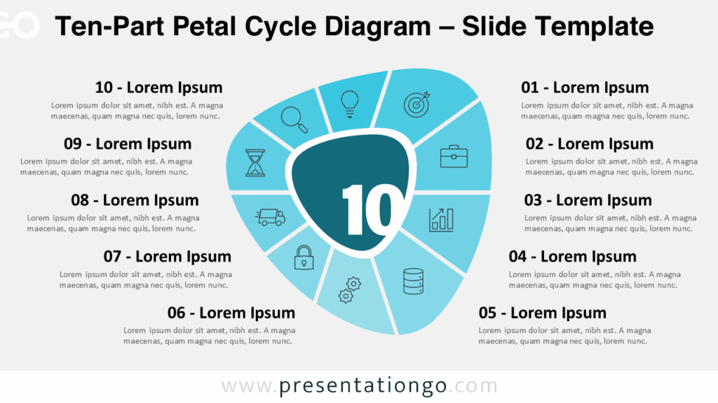 Free Ten-Part Petal Cycle Diagram PowerPoint template and Google Slides presentation diagram showing Ten petals in a circular cycle on light background.