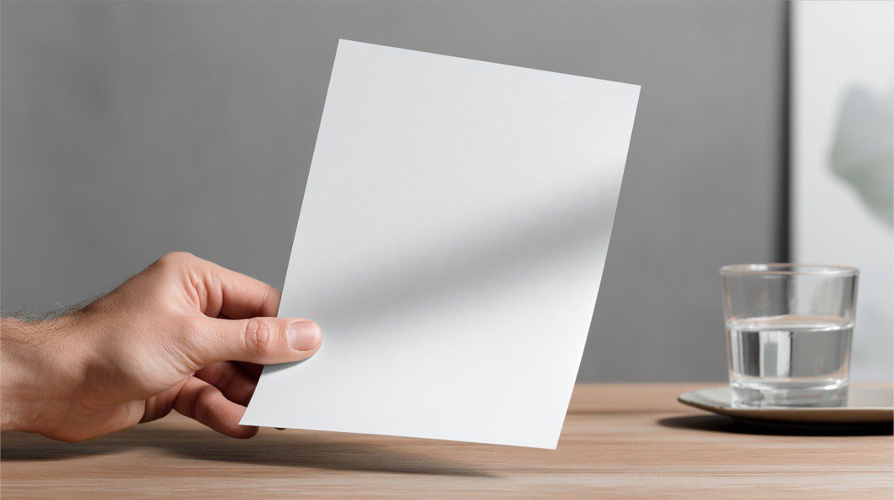 A hand holding a blank A5 white paper flyer over a wooden table, with a neutral background and glass of water in view.