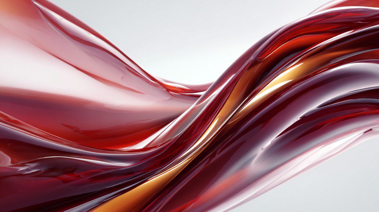 Glossy abstract 3D red and gold fluid waves forming smooth, flowing shapes on a white background.