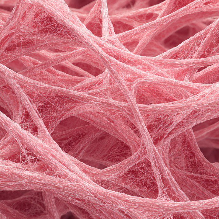 Macro view of intertwined pink fibrous strands, evoking organic tissue or synthetic material texture for abstract or medical use.