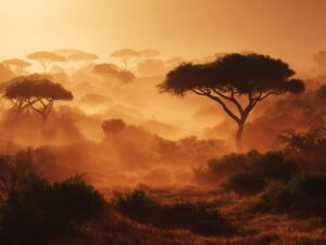 Wide-angle shot of the African savannah at sunset with golden light, silhouetted acacia trees, and a cinematic atmosphere.