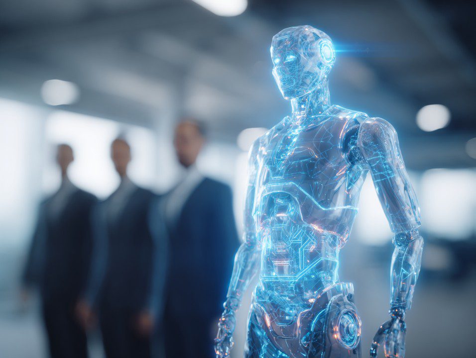 A glowing holographic AI humanoid standing in front of business professionals, symbolizing teamwork, autonomy, and innovation.