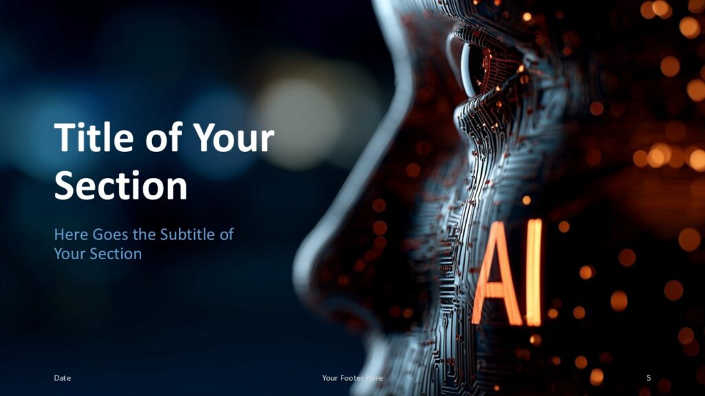 AI Vision Section Slide Option 2 for PowerPoint & Google Slides Mirrored section divider layout with left-aligned title and AI visual on the right; used for transitioning presentation sections.
