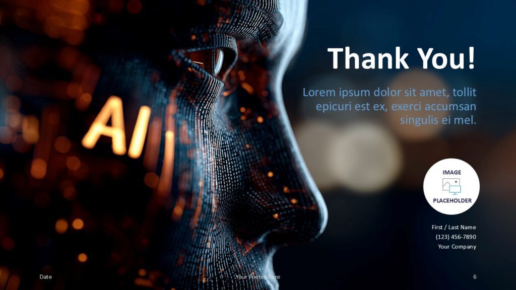 AI Vision Thank You Slide Template for PowerPoint & Google Slides Final slide with “Thank You” message, circular photo placeholder, and dark AI-themed background for PowerPoint and Google Slides.