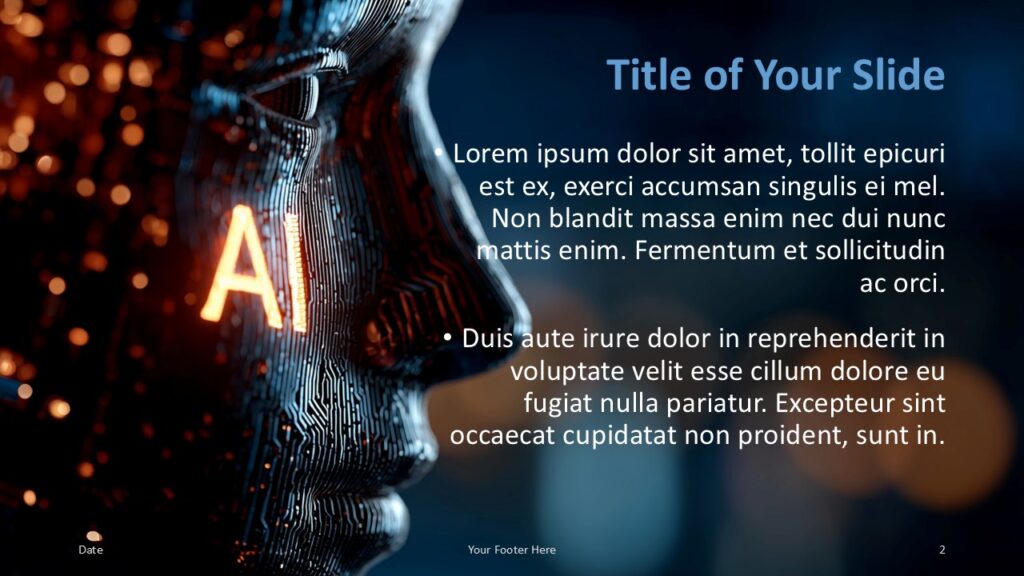 AI Vision Title and Content Slide Option 1 for PowerPoint & Google Slides Right-aligned content slide for PowerPoint and Google Slides with a left AI face visual and clean bullet layout on a dark theme.