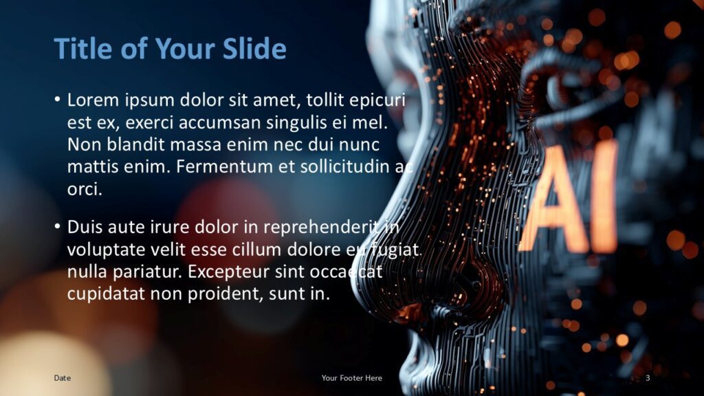 AI Vision Title and Content Slide Option 2 for PowerPoint & Google Slides Left-aligned text slide with the AI face graphic on the right; suitable for presenting structured ideas in PowerPoint and Google Slides.