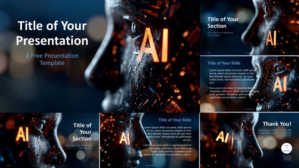 Full widescreen preview of the AI Vision Template for PowerPoint and Google Slides with high-tech, cybernetic design.