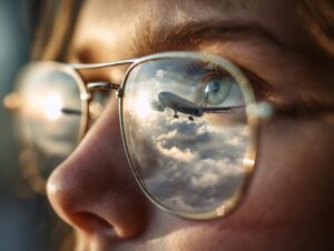 Close-up of a girl wearing glasses with a clear reflection of an airplane flying through clouds.