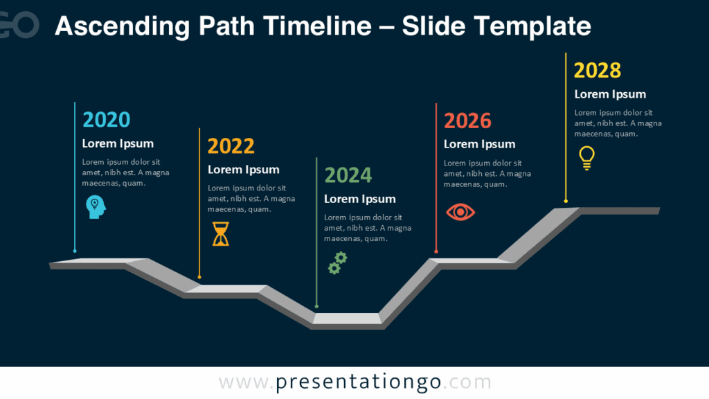 Ascending Path Timeline – Dark Background for PowerPoint & Google Slides Free Ascending Path Timeline PowerPoint template with a dark background, displaying a five-step ascending path and vibrant year icons.