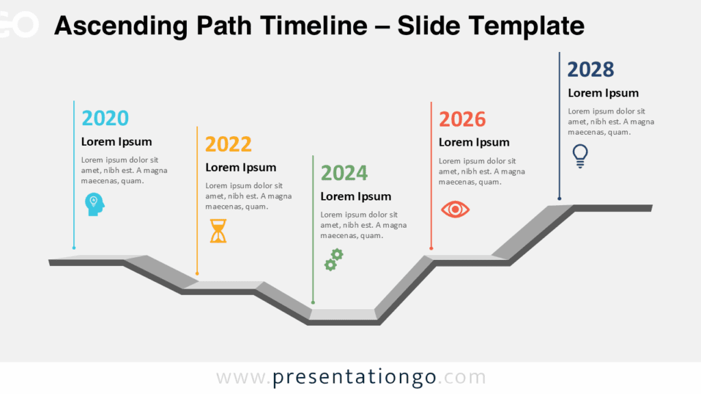 Ascending Path Timeline – Light Background for PowerPoint & Google Slides Free Ascending Path Timeline PowerPoint template with a light background, featuring five colorful milestone steps and alternating labels.