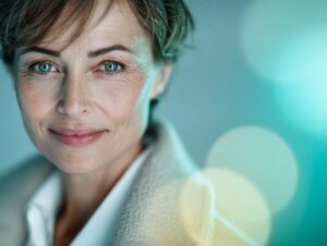 Close-up cinematic portrait of a confident mature woman with blue eyes and soft lighting, set against a teal bokeh background.
