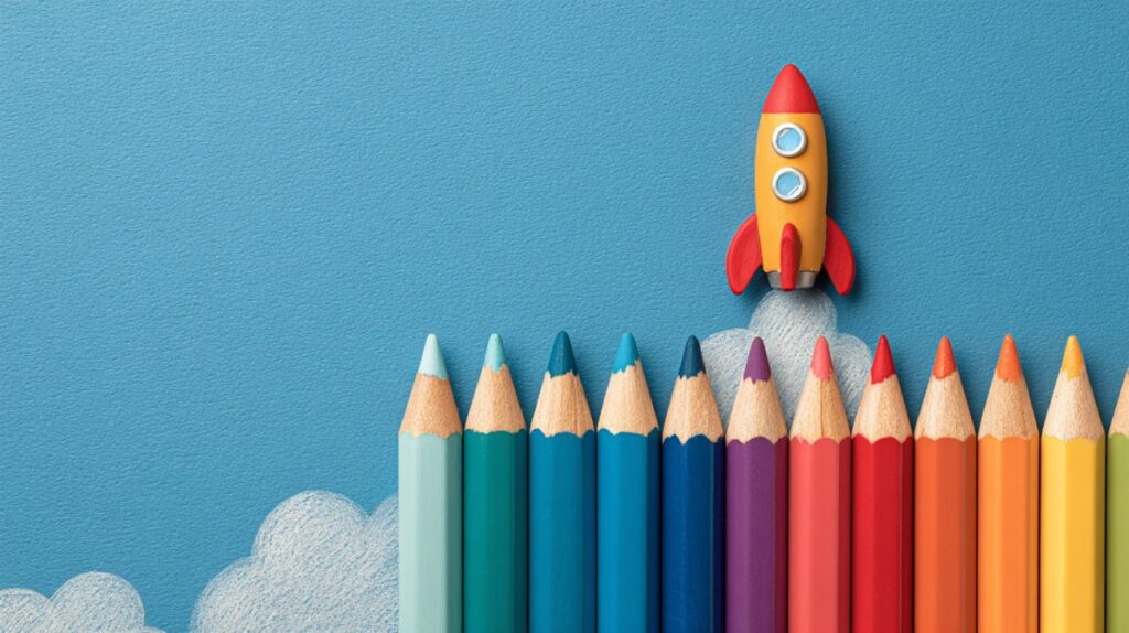 Creative image of a rocket launching over colored pencils on a blue background, symbolizing back-to-school or creative thinking.