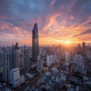 Aerial view of Bangkok city skyline at sunrise, with tall modern skyscrapers and a colorful glowing sky.