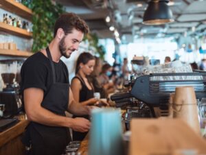 Smiling barista prepares coffee behind a busy café counter, with customers and coworkers in a vibrant coffee shop setting.