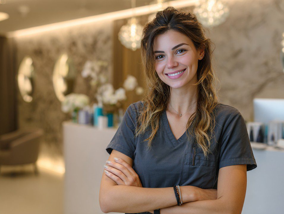 Smiling beautician stands confidently in a modern aesthetic clinic, representing professionalism and client care.