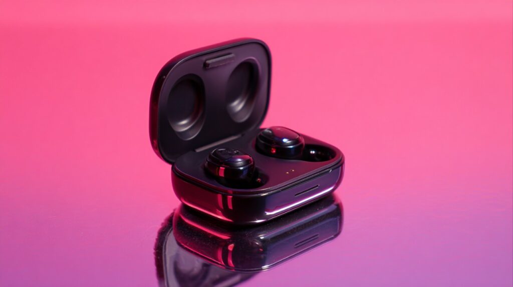 Black wireless earbuds in open charging case on a reflective pink surface, captured in modern product photography style.