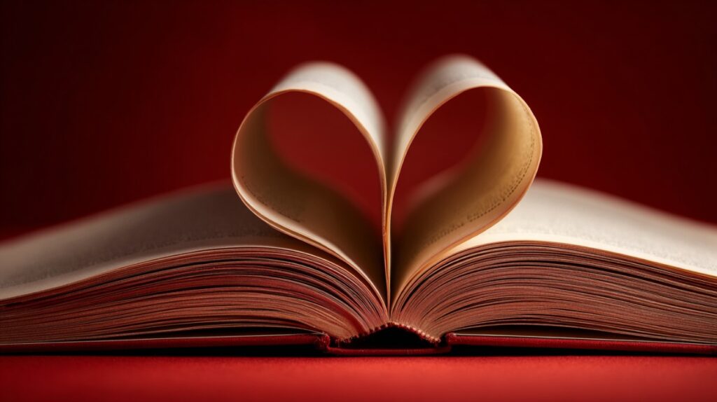 An open book with its pages artistically folded into a heart shape, symbolizing love for reading on a red background.