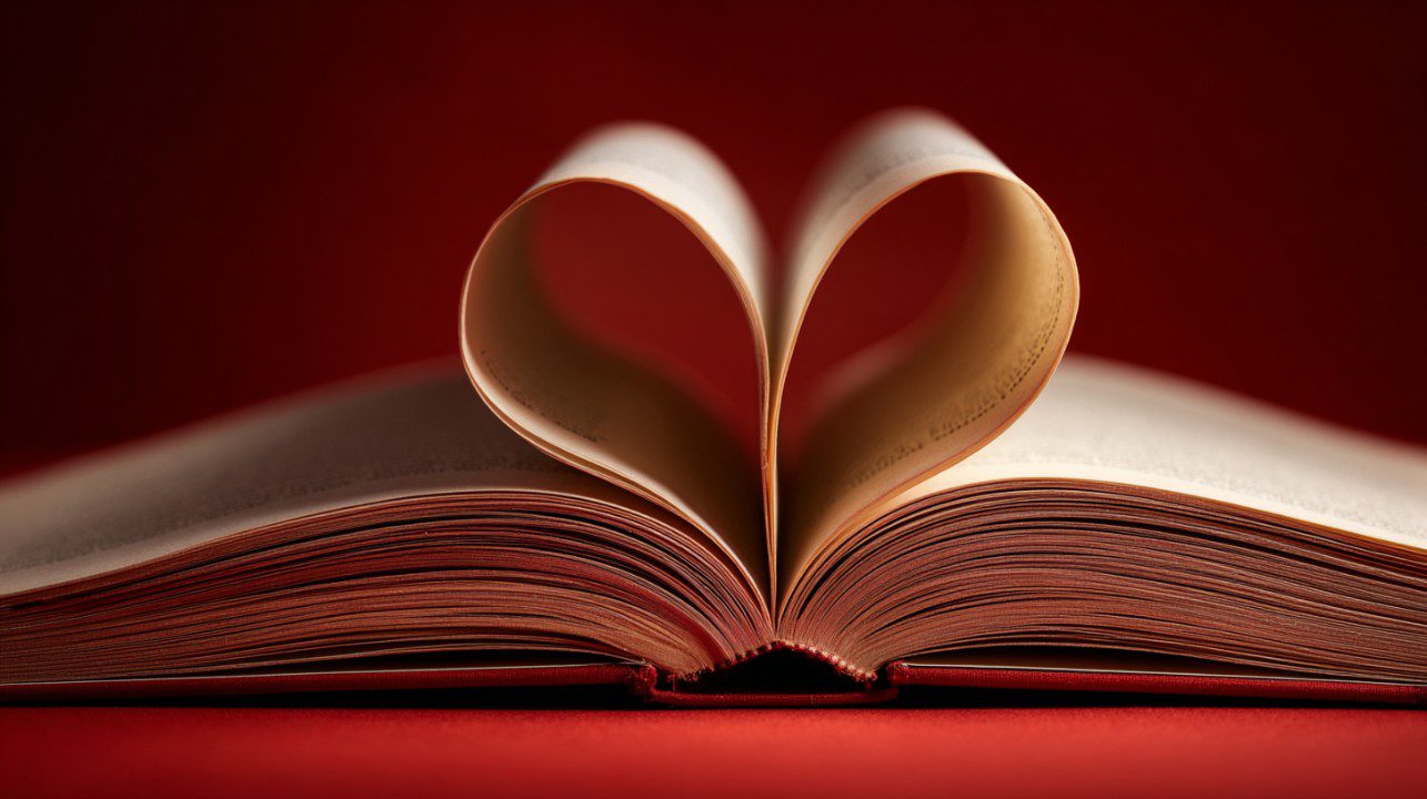 An open book with its pages artistically folded into a heart shape, symbolizing love for reading on a red background.