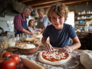 Smiling boy makes pizza dough in a rustic kitchen while family members help in the background, showing cooking and bonding time.