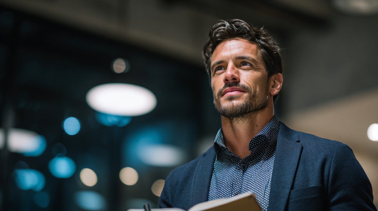 Confident Brazilian man in casual business attire at night holding a notebook, with office lights softly glowing in the background.
