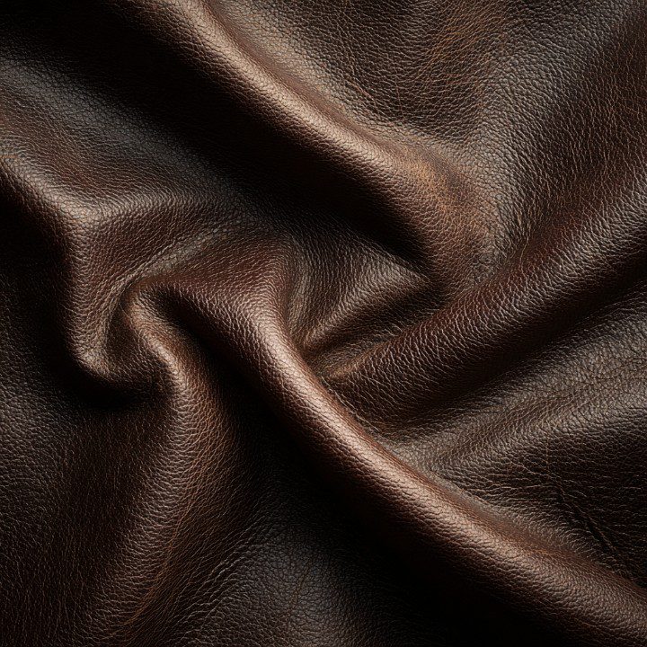 Detailed close-up of natural brown leather with folds and visible grain texture, ideal for fashion or upholstery visuals.