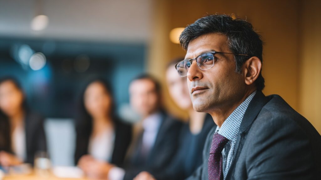 Close-up of a professional executive wearing glasses, attentively listening during a corporate meeting in a modern conference room.
