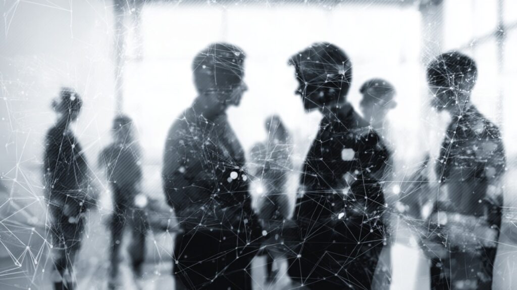 Silhouettes of business professionals with abstract digital network overlay symbolizing communication, teamwork, and tech connectivity.