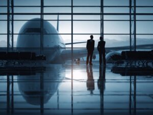Two business travelers standing at a large airport window with a commercial airplane outside, reflecting global travel and networking.