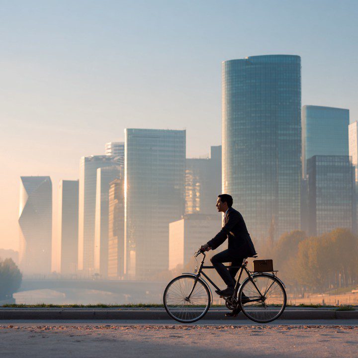 Man in business attire cycling in front of La Défense skyscrapers at sunrise, representing sustainable urban commuting.
