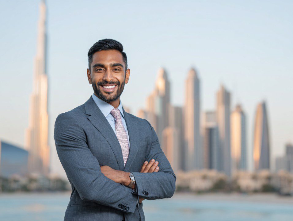 Professional businessman in a gray suit smiling confidently with arms crossed, standing in front of a modern city skyline.
