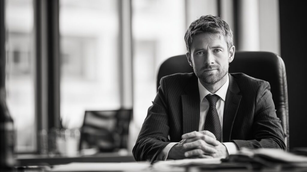 Confident businessman in suit sitting at his office desk, captured in black and white to convey professionalism and authority.