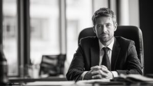 Confident businessman in suit sitting at his office desk, captured in black and white to convey professionalism and authority.