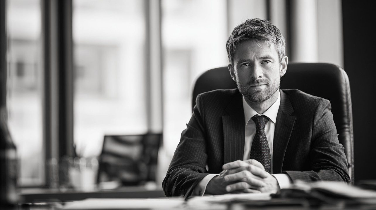 Confident businessman in suit sitting at his office desk, captured in black and white to convey professionalism and authority.
